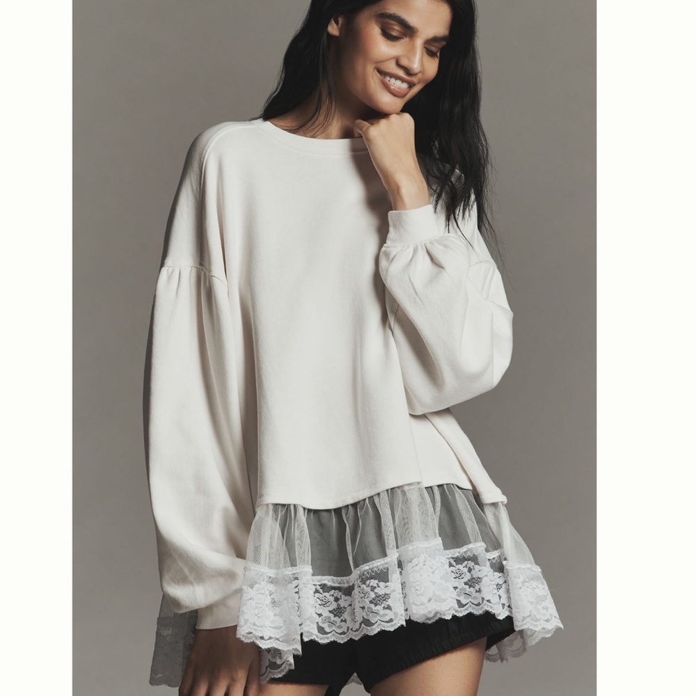 White lace and tulle detail sweatshirt - Anthropologie NWT